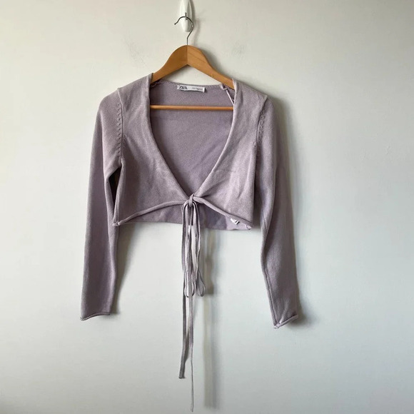Zara Crop Wrap Around Tie Knit  Sweater Lavender Purple Size Medium - Picture 5 of 9